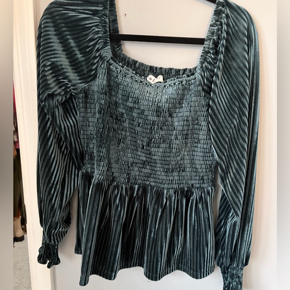 In Bloom Teal Velvet Blouse - Picture 2 of 6